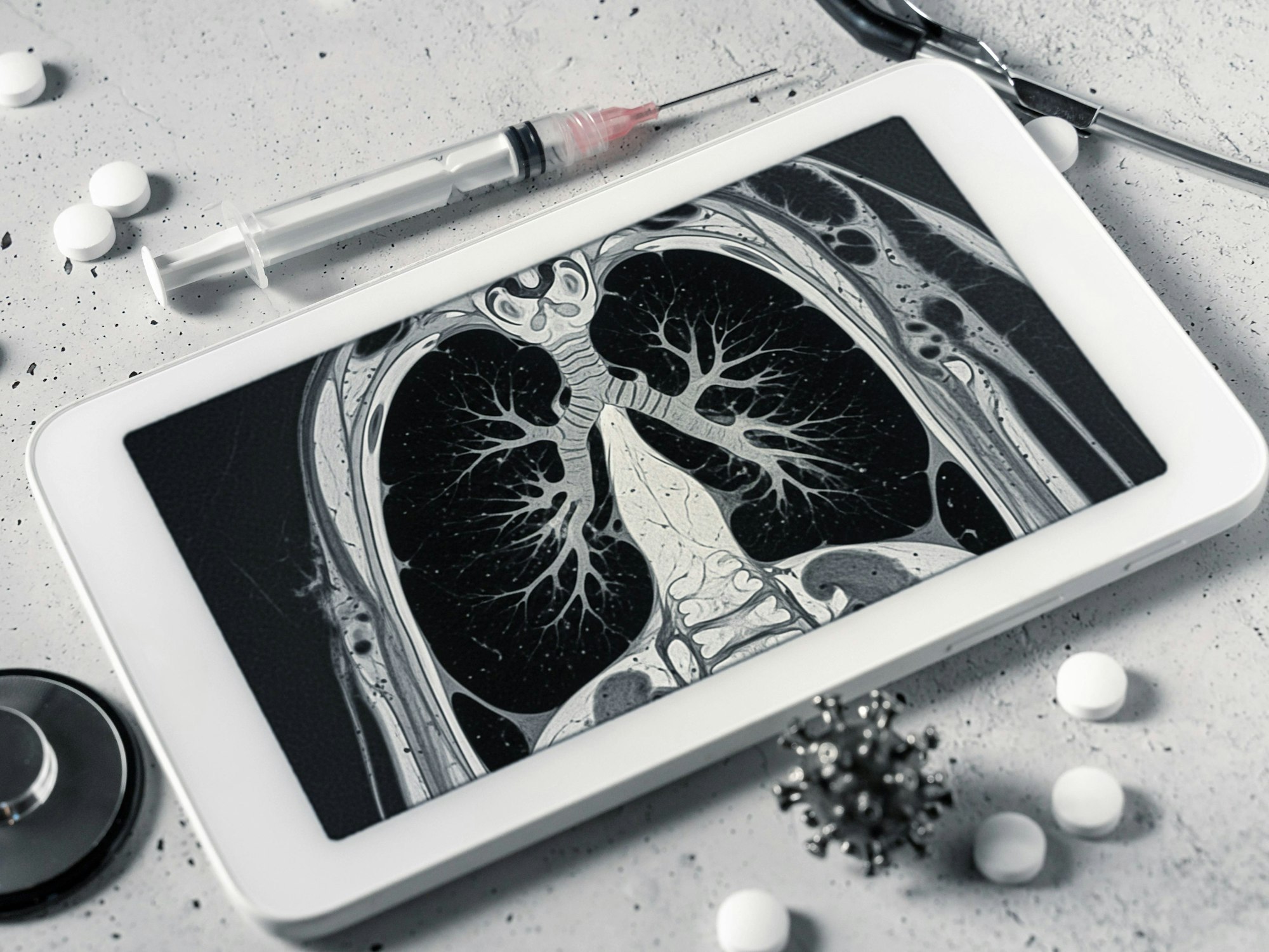 Ein MRT-Bild zeigt eine anatomisch normale Lunge auf einem Tablet