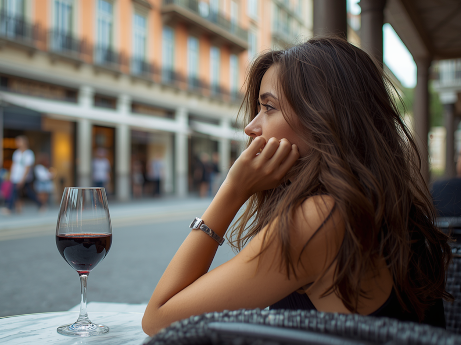 Frau sitzt deprimiert bei einem Glas Wein in einem Café.