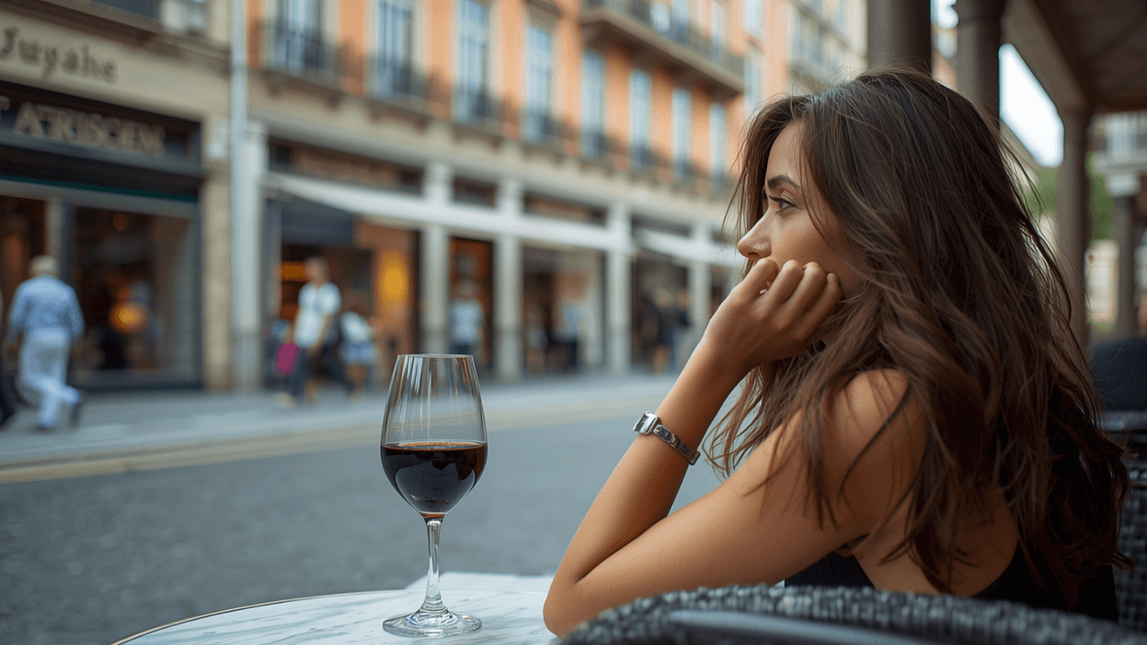 Frau sitzt deprimiert bei einem Glas Wein in einem Café.