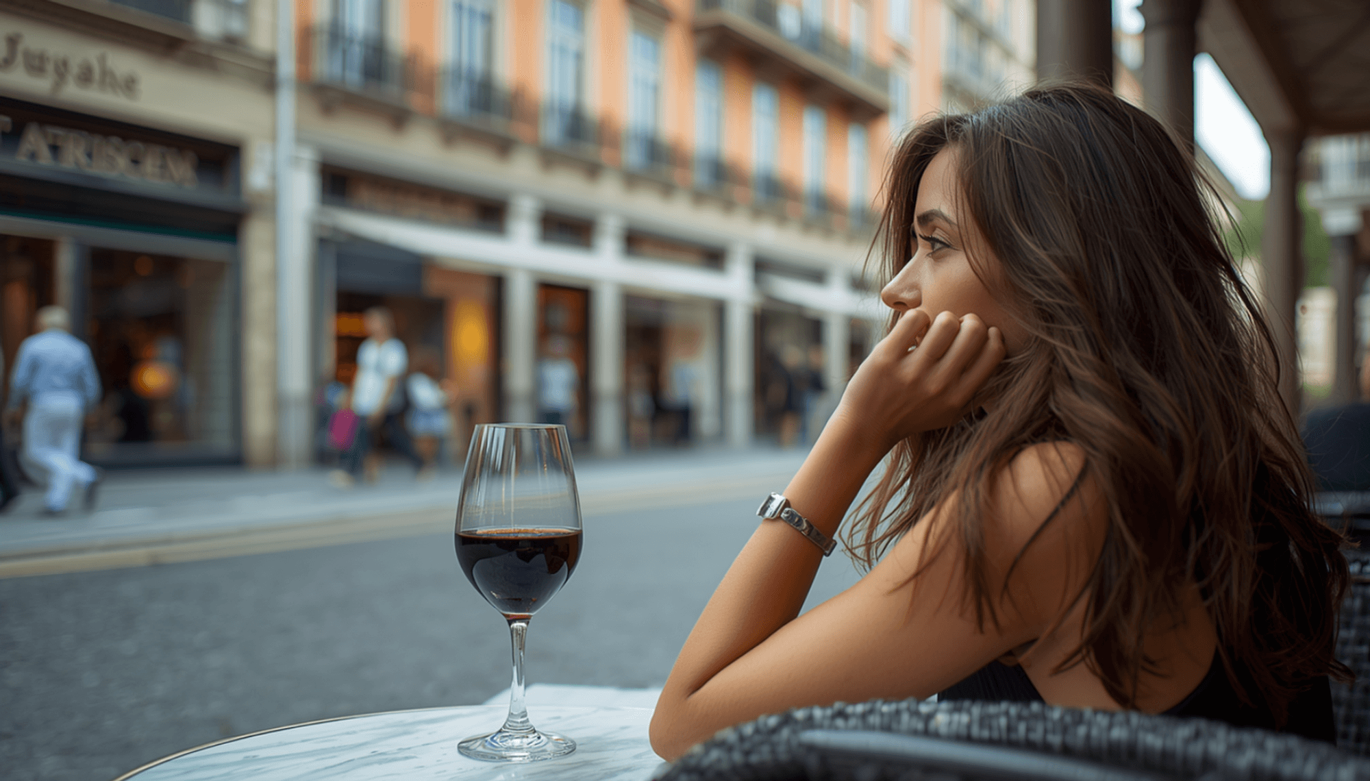 Frau sitzt deprimiert bei einem Glas Wein in einem Café.
