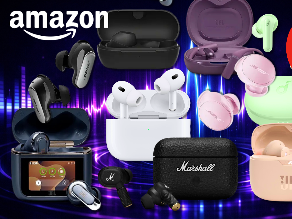 Eine Darstellung von verschiedenen In-Ear-Kopfhörern von Apple, Samsung, JBL, Marshall und Co. vor einem dunklen Hintergrund.