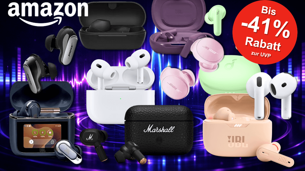 Eine Darstellung von verschiedenen In-Ear-Kopfhörern von Apple, Samsung, JBL, Marshall und Co. vor einem dunklen Hintergrund.