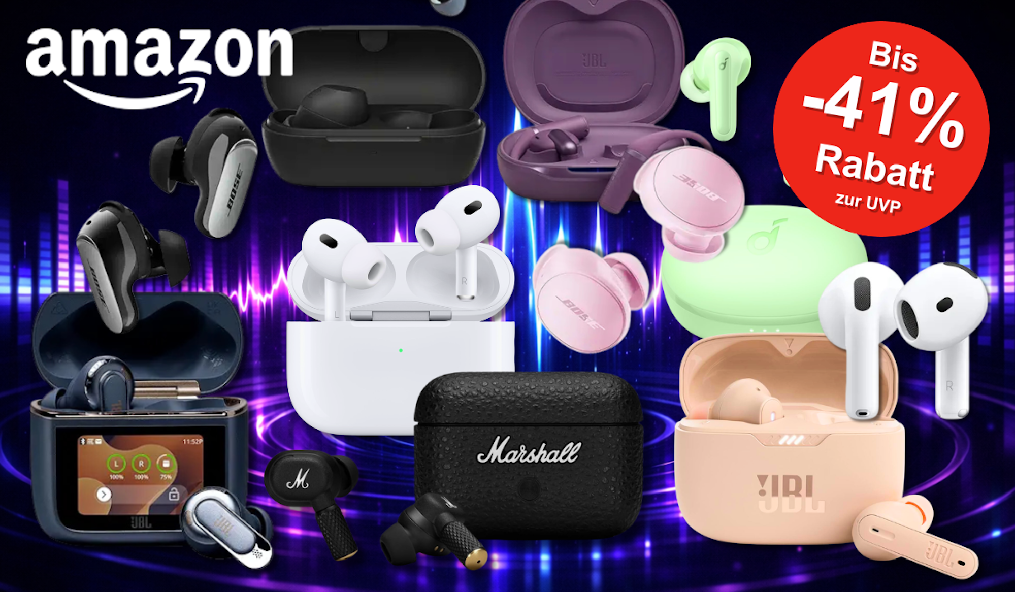 Eine Darstellung von verschiedenen In-Ear-Kopfhörern von Apple, Samsung, JBL, Marshall und Co. vor einem dunklen Hintergrund.