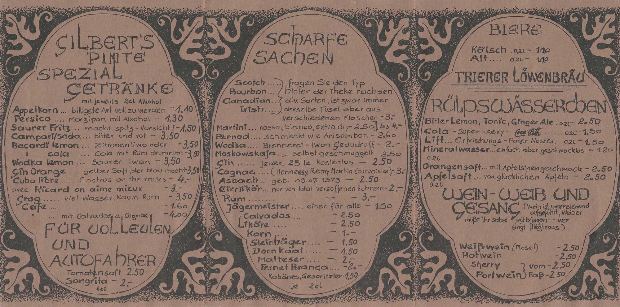 Eine alte Getränkekarte von Gilbert's Pinte