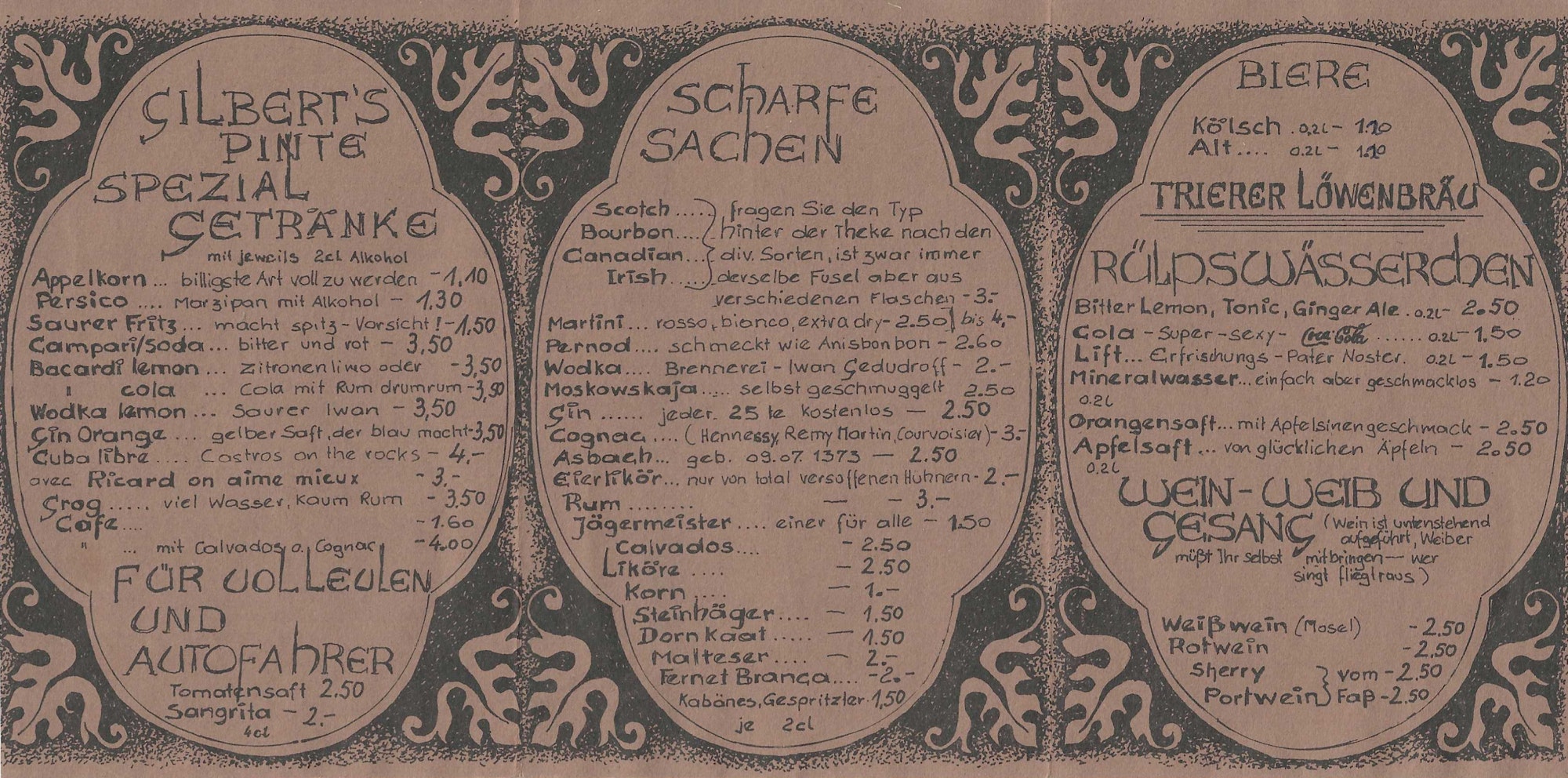 Eine alte Getränkekarte von Gilbert's Pinte