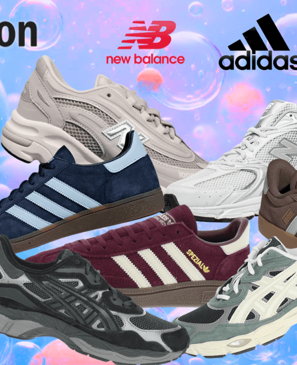Darstellung von New Balance, adidas und Asics Sneakern vor einem bunten Hintergrundbild.