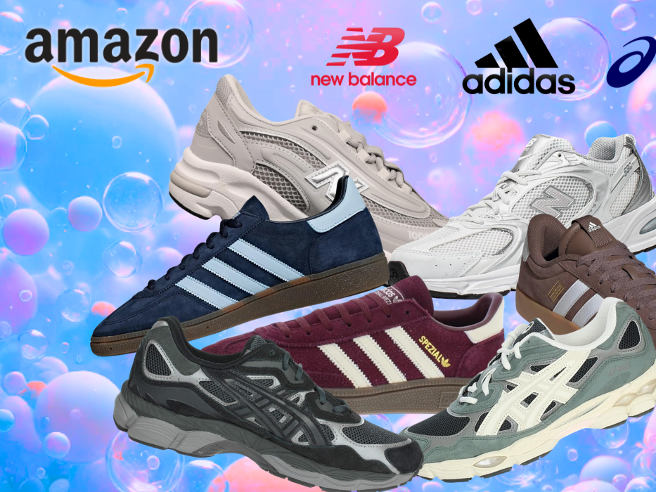 Darstellung von New Balance, adidas und Asics Sneakern vor einem bunten Hintergrundbild.