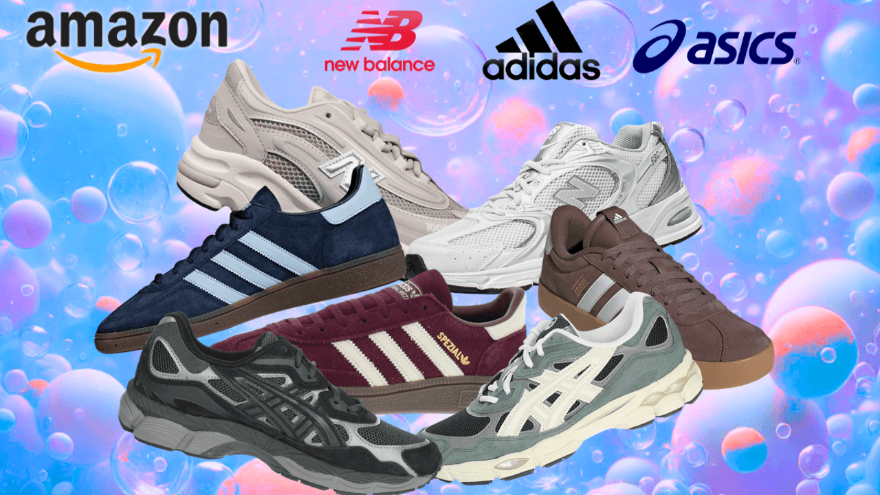 Darstellung von New Balance, adidas und Asics Sneakern vor einem bunten Hintergrundbild.