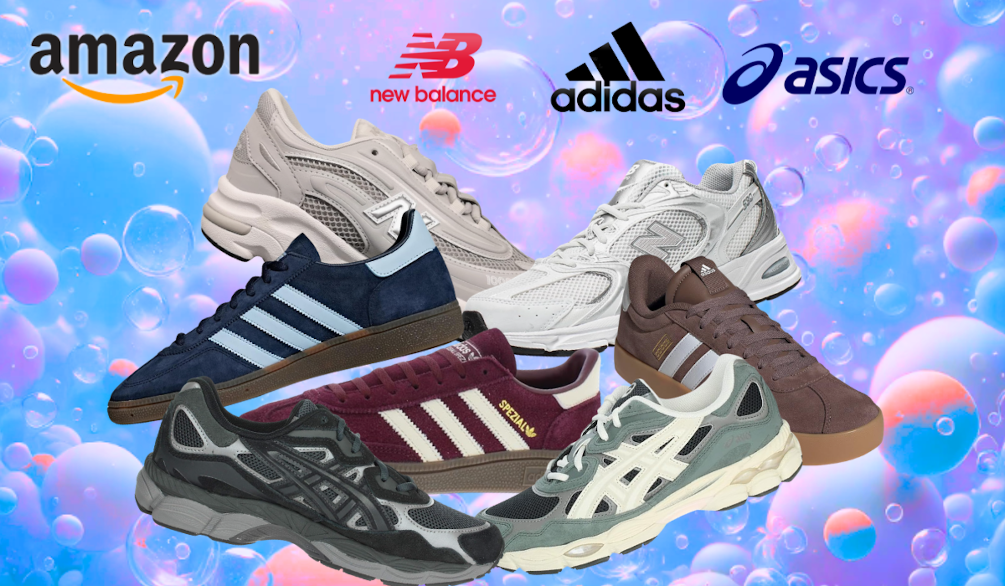 Darstellung von New Balance, adidas und Asics Sneakern vor einem bunten Hintergrundbild.