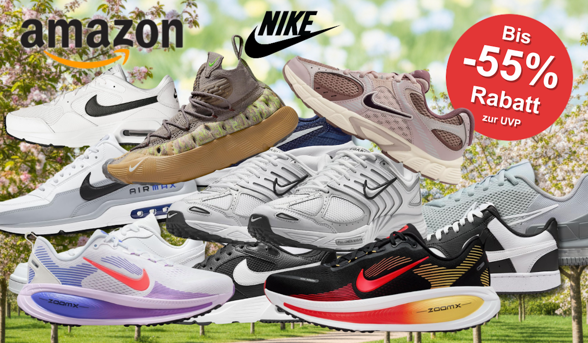 Auf dem Bild ist eine Collage diverser Nike Sneaker zu sehen, die sich aktuell im Nike Sale befinden.