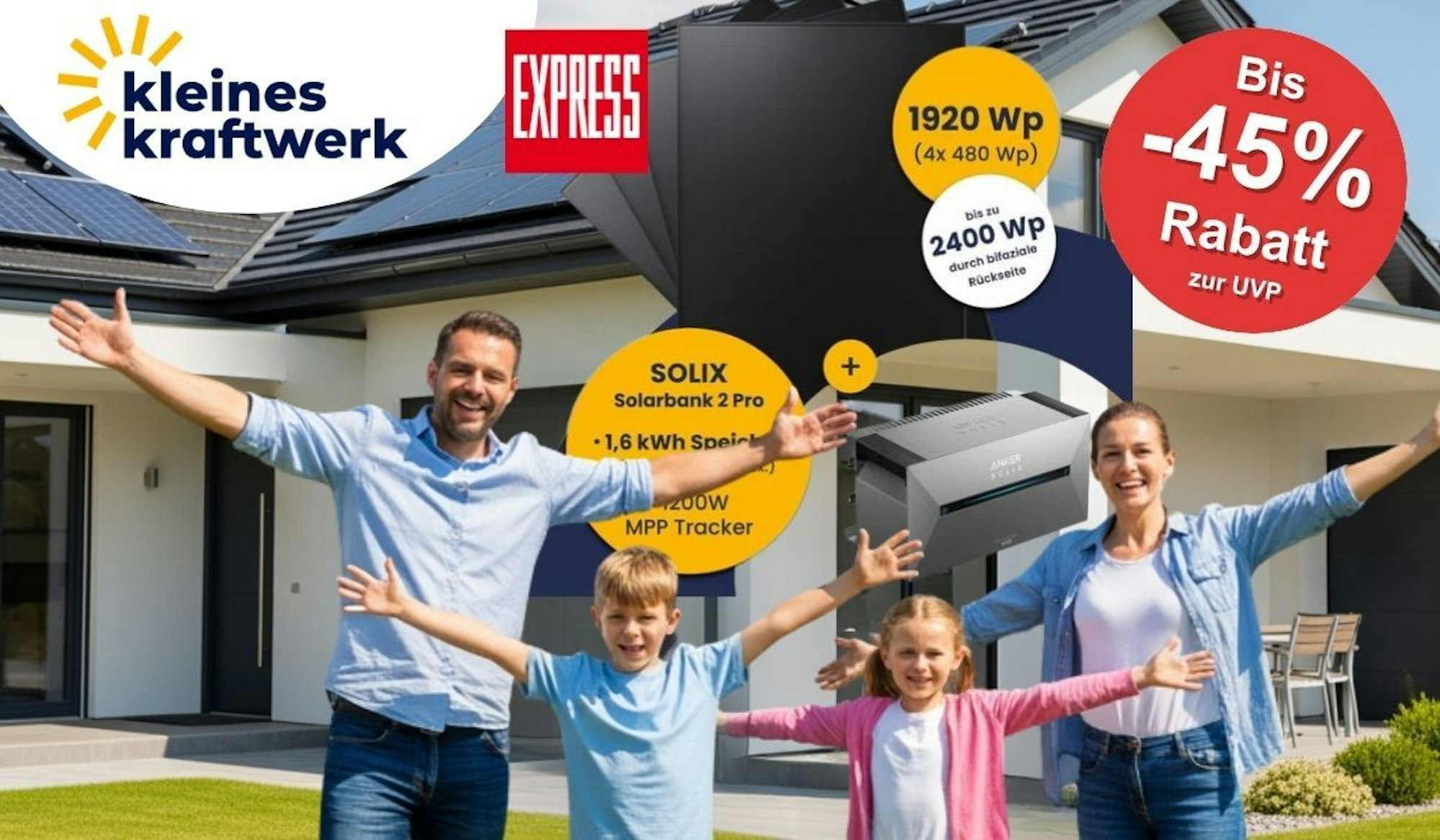 Kleines Kraftwerk Quattro Balkonkraftwerk Set mit Solarmodulen mit 1920 Wp und Anker Solarbank 2 E1600 Pro. Eine fröhliche Familie (Mutter, Vater, Sohn, Tochter) stehen vor einem großen Einfamilienhaus.