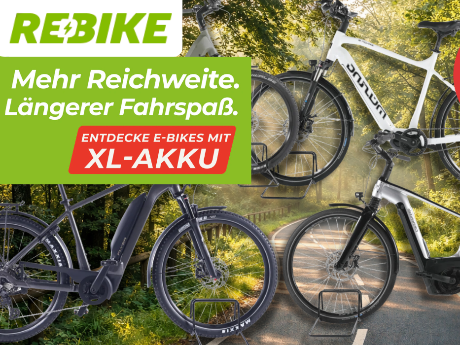 4 verschiedene E-Bikes mit XL-Akku vor einem Fahrradweg.