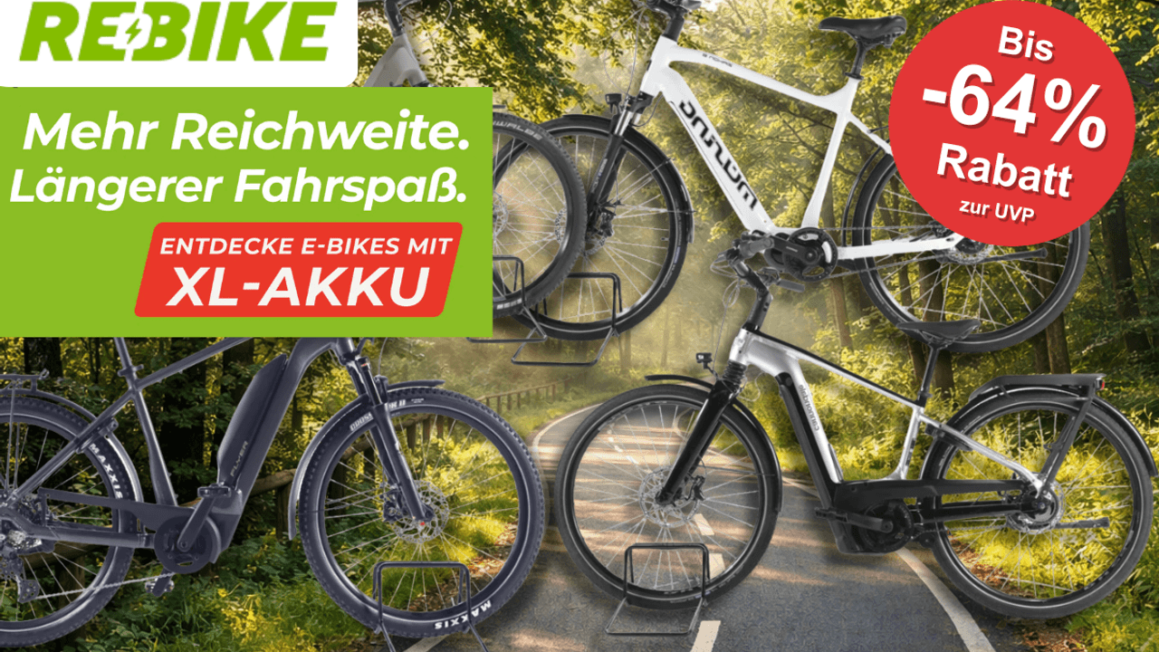 4 verschiedene E-Bikes mit XL-Akku vor einem Fahrradweg.