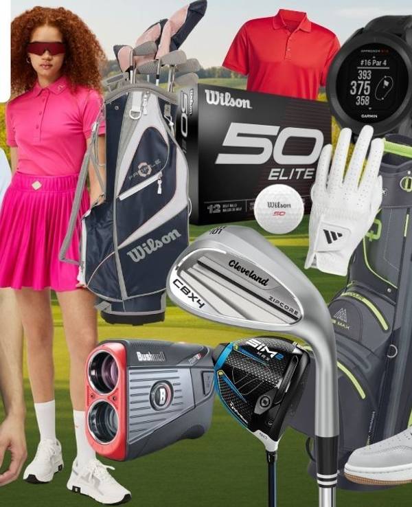 Collage aus reduzierten Golf-Produkten vor einem Golfplatz-Hintergrund im Sommer. Zu sehen sind zwei Golfer in sportlicher Bekleidung von adidas und Wilson, eine Wilson Golftasche, Wilson Fifty Elite Golfbälle, ein Cleveland Wedge, ein TaylorMade SIM2 Driver, ein Bushnell Entfernungsmesser, eine Garmin GPS-Uhr, Golfschuhe von Skechers und Nike, eine Titleist Cap sowie eine Sporttasche mit Dry-Design-Aufdruck. Oben links das Logo von All4Golf.