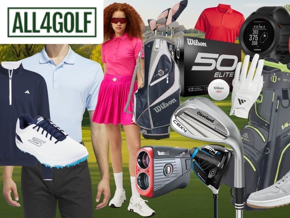 Collage aus reduzierten Golf-Produkten vor einem Golfplatz-Hintergrund im Frühling. Zu sehen sind zwei Golfer in sportlicher Bekleidung von adidas und Wilson, eine Wilson Golftasche, Wilson Fifty Elite Golfbälle, ein Cleveland Wedge, ein TaylorMade SIM2 Driver, ein Bushnell Entfernungsmesser, eine Garmin GPS-Uhr, Golfschuhe von Skechers und Nike, eine Titleist Cap sowie eine Sporttasche mit Dry-Design-Aufdruck. Oben links das Logo von All4Golf.
