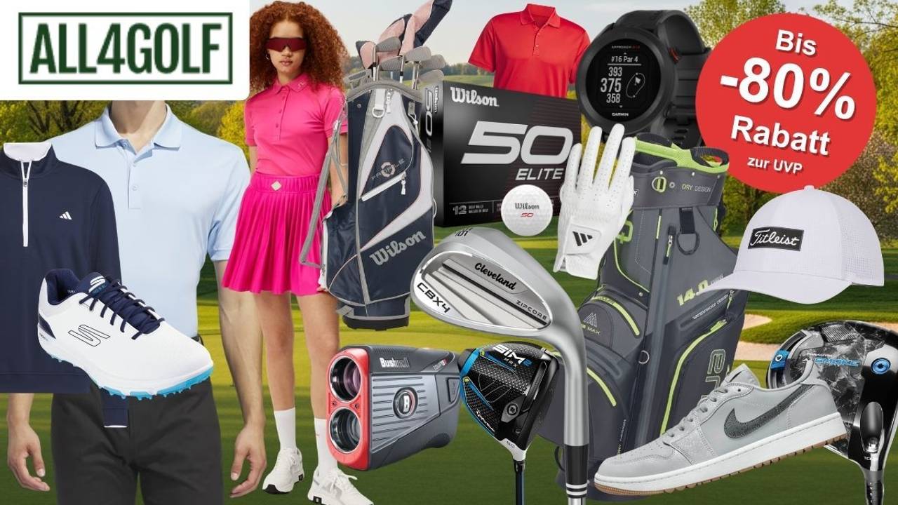 Collage aus reduzierten Golf-Produkten vor einem Golfplatz-Hintergrund im Sommer. Zu sehen sind zwei Golfer in sportlicher Bekleidung von adidas und Wilson, eine Wilson Golftasche, Wilson Fifty Elite Golfbälle, ein Cleveland Wedge, ein TaylorMade SIM2 Driver, ein Bushnell Entfernungsmesser, eine Garmin GPS-Uhr, Golfschuhe von Skechers und Nike, eine Titleist Cap sowie eine Sporttasche mit Dry-Design-Aufdruck. Oben links das Logo von All4Golf.
