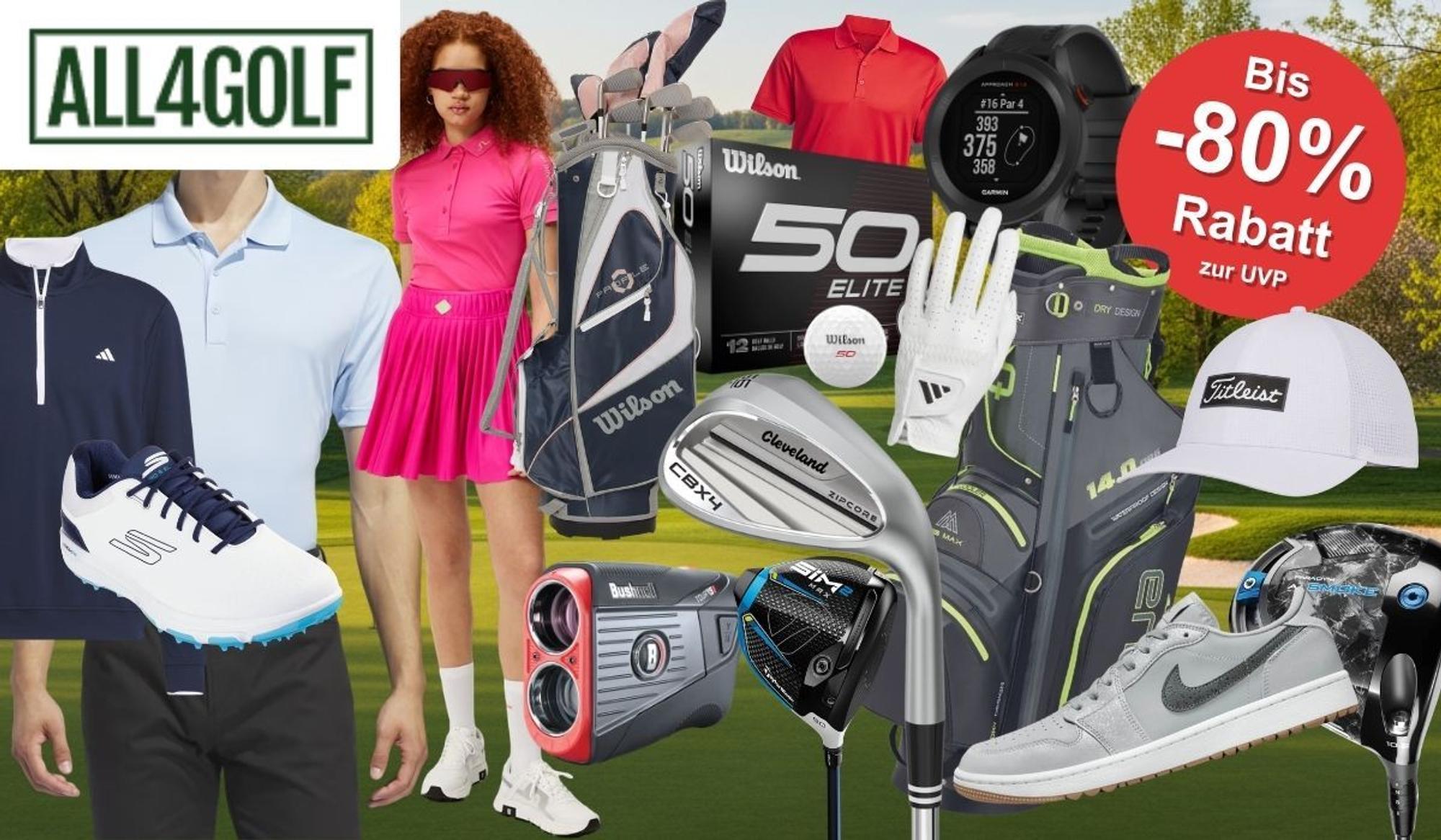Collage aus reduzierten Golf-Produkten vor einem Golfplatz-Hintergrund im Sommer. Zu sehen sind zwei Golfer in sportlicher Bekleidung von adidas und Wilson, eine Wilson Golftasche, Wilson Fifty Elite Golfbälle, ein Cleveland Wedge, ein TaylorMade SIM2 Driver, ein Bushnell Entfernungsmesser, eine Garmin GPS-Uhr, Golfschuhe von Skechers und Nike, eine Titleist Cap sowie eine Sporttasche mit Dry-Design-Aufdruck. Oben links das Logo von All4Golf.