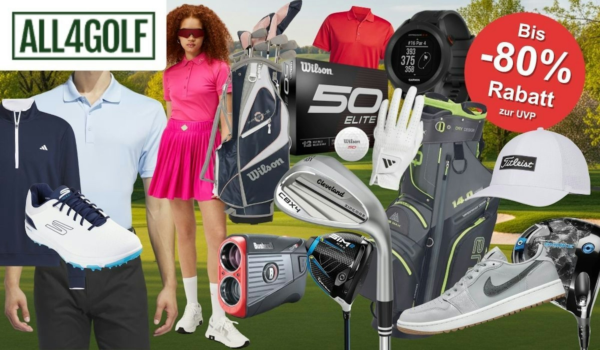 Collage aus reduzierten Golf-Produkten vor einem Golfplatz-Hintergrund im Frühling. Zu sehen sind zwei Golfer in sportlicher Bekleidung von adidas und Wilson, eine Wilson Golftasche, Wilson Fifty Elite Golfbälle, ein Cleveland Wedge, ein TaylorMade SIM2 Driver, ein Bushnell Entfernungsmesser, eine Garmin GPS-Uhr, Golfschuhe von Skechers und Nike, eine Titleist Cap sowie eine Sporttasche mit Dry-Design-Aufdruck. Oben links das Logo von All4Golf.