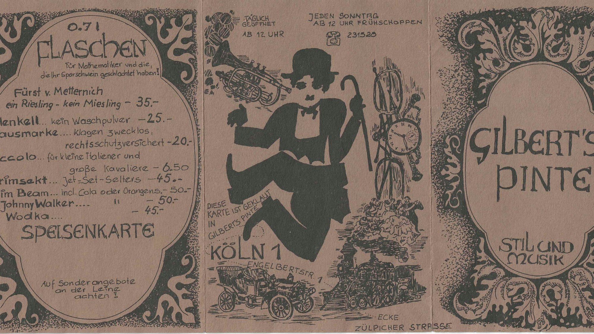 Das Cover der Getränkekarte von Gilbert's Pinte