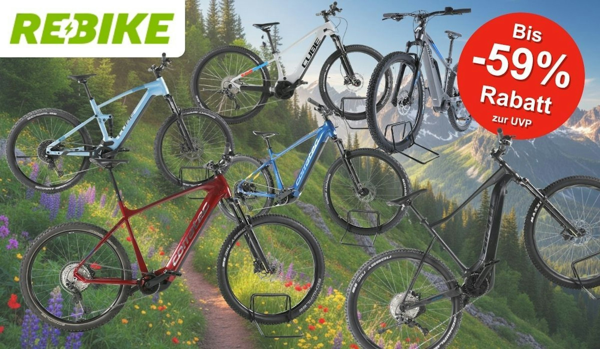 Fünf E-Mountainbikes der Marken Cube, Corratec, KTM und mehr in verschiedenen Farben (hellblau, weiß-schwarz, rot, blau, schwarz), präsentiert vor einer alpinen Berglandschaft mit Blumenwiese. Ein roter Kreis-Badge oben rechts zeigt „Bis -59 % Rabatt zur UVP". Logo von REBIKE oben links.