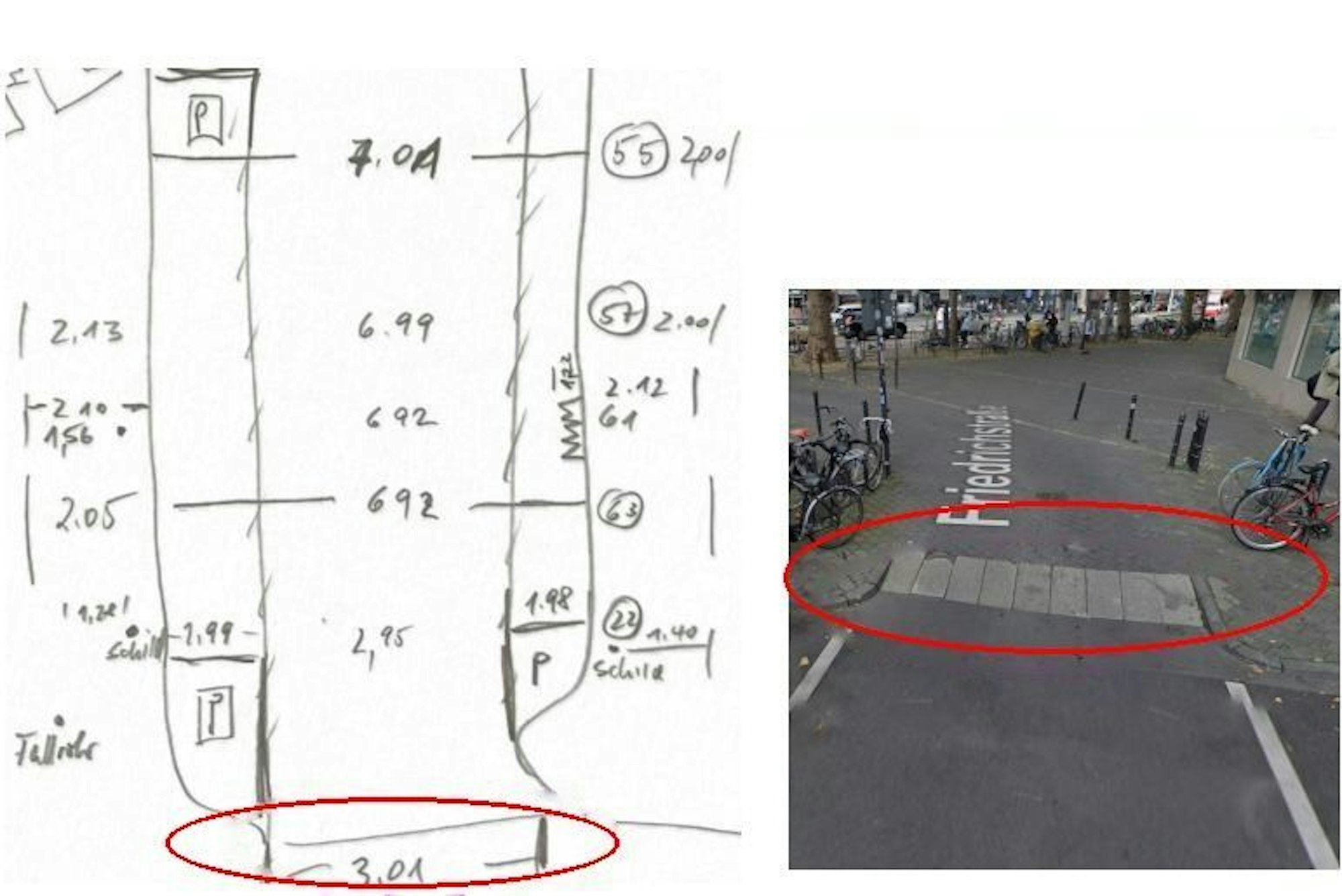 Die Darstellung stammt aus dem Begehungsprotokoll und dokumentiert das Problem auf der Friedrichstraße. Die Straße ist durchweg breit genug. Die einzige Engstelle wurde von der Stadt selbst gebaut.