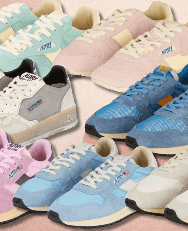 Verschiedene Autry Sneaker Modelle vor einem rosa Hintergrund.