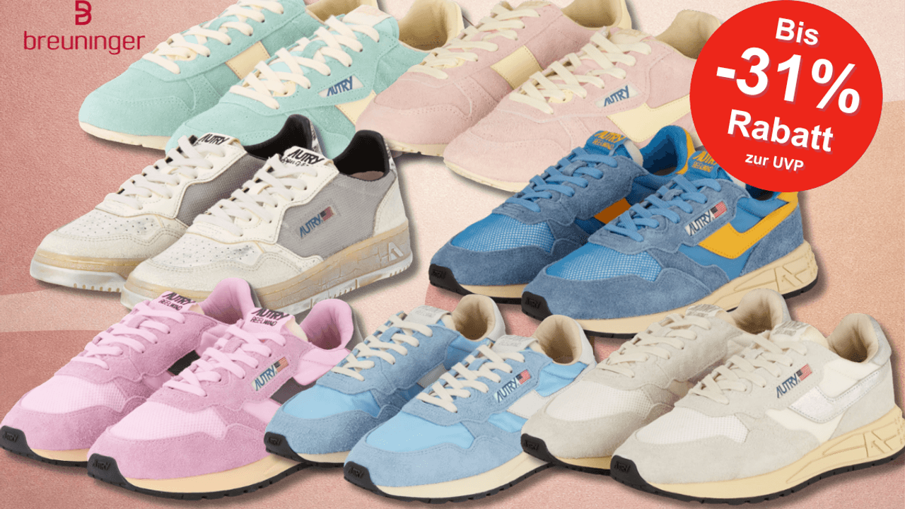 Verschiedene Autry Sneaker Modelle vor einem rosa Hintergrund.