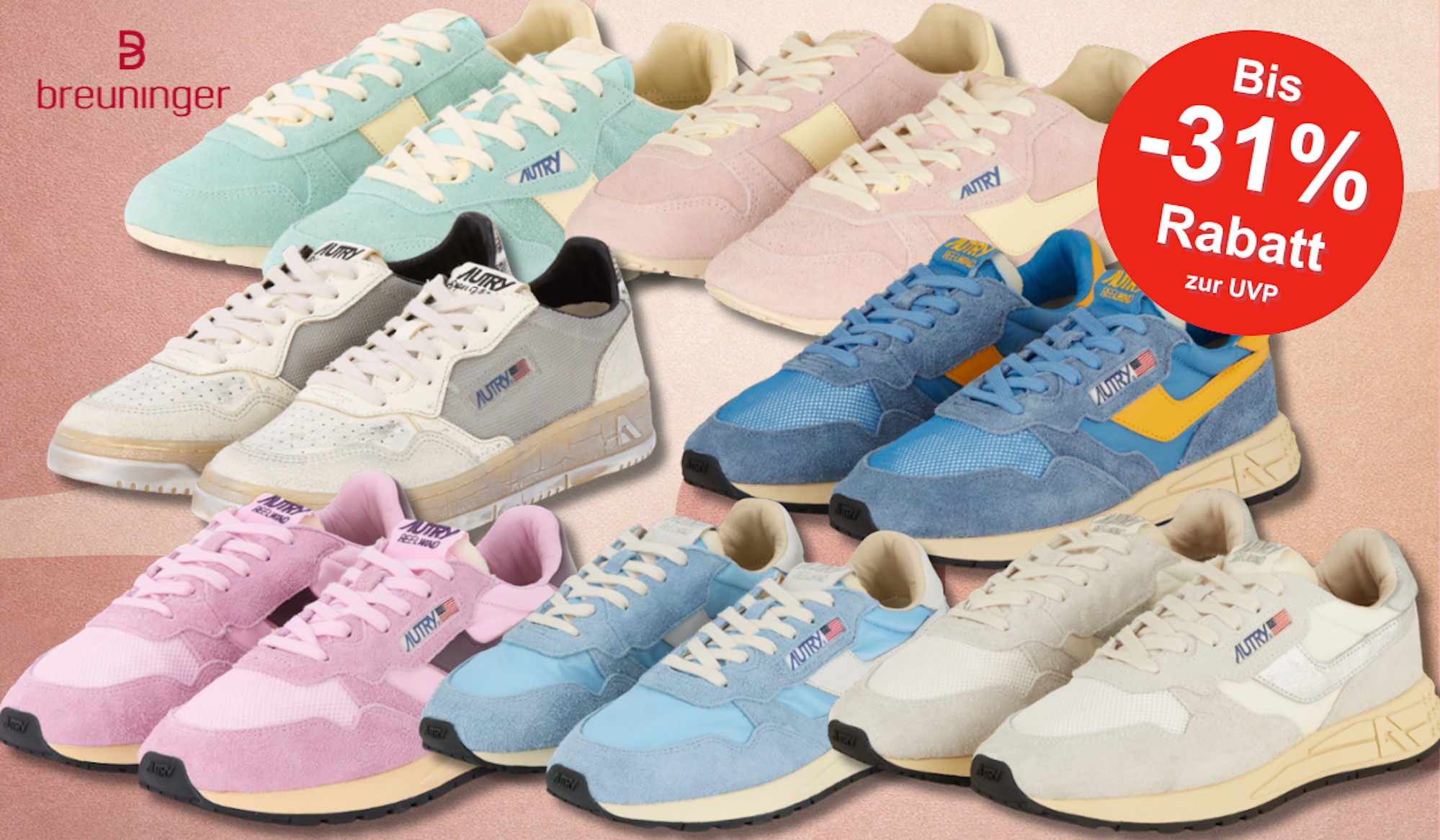 Verschiedene Autry Sneaker Modelle vor einem rosa Hintergrund.
