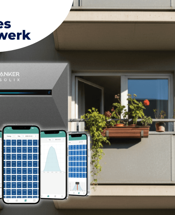 Balkon mit Kleines Kraftwerk Solarmodul und Anker Solix Speicher.