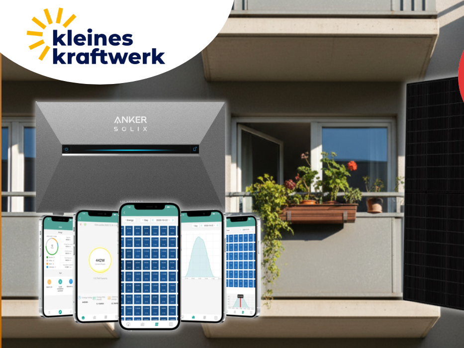 Balkon mit Kleines Kraftwerk Solarmodul und Anker Solix Speicher.