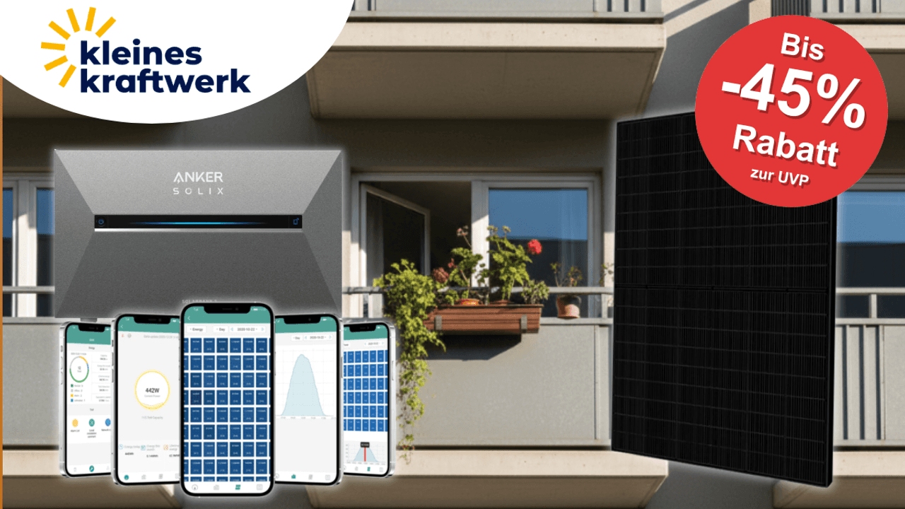 Balkon mit Kleines Kraftwerk Solarmodul und Anker Solix Speicher.