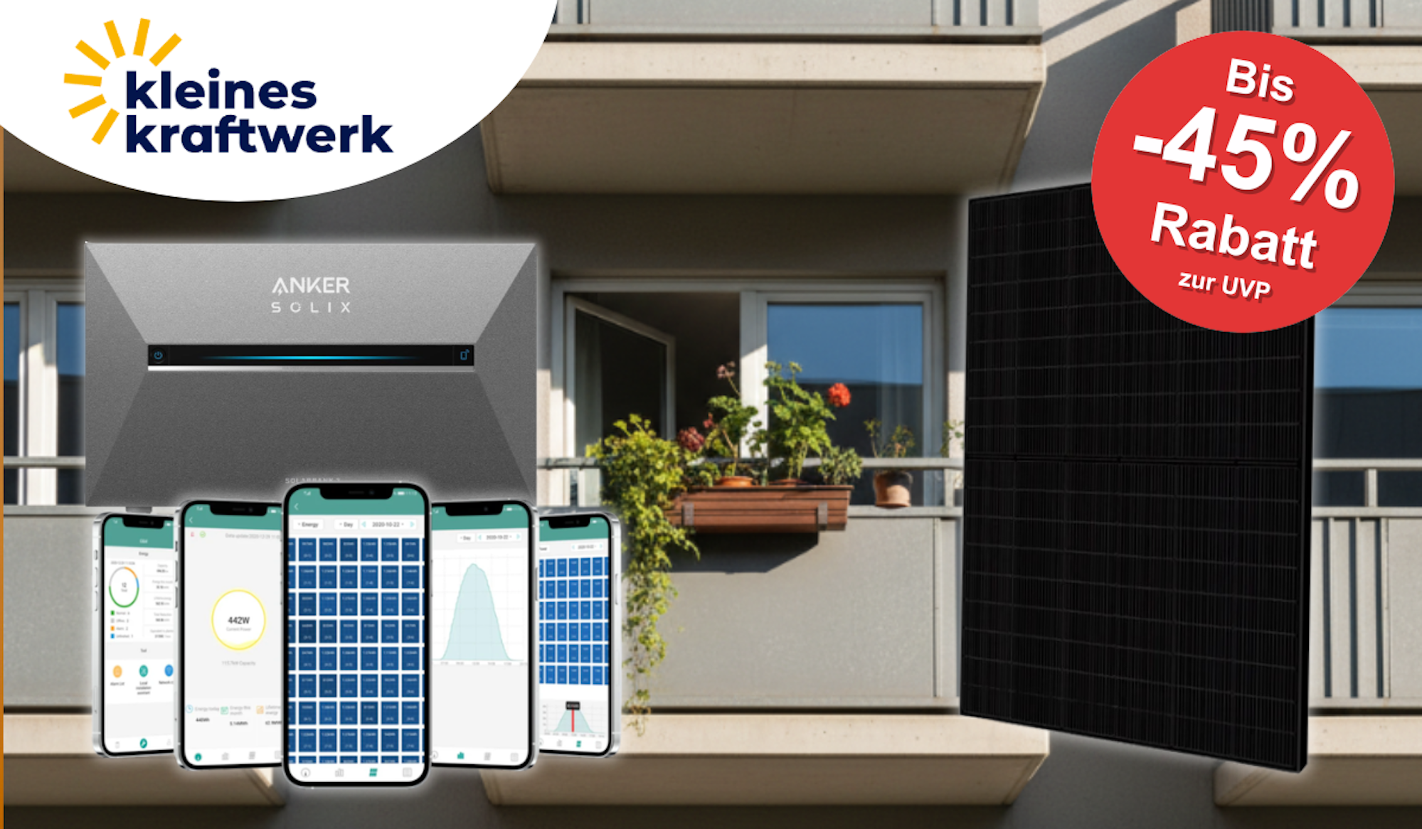 Balkon mit Kleines Kraftwerk Solarmodul und Anker Solix Speicher.