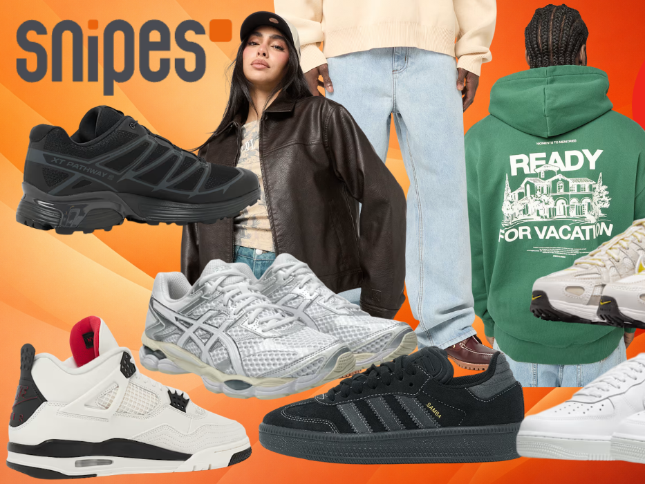 Eine Darstellung von verschiedenen Produkten aus dem SNIPES Sale vor einem orangenen Hintergund.