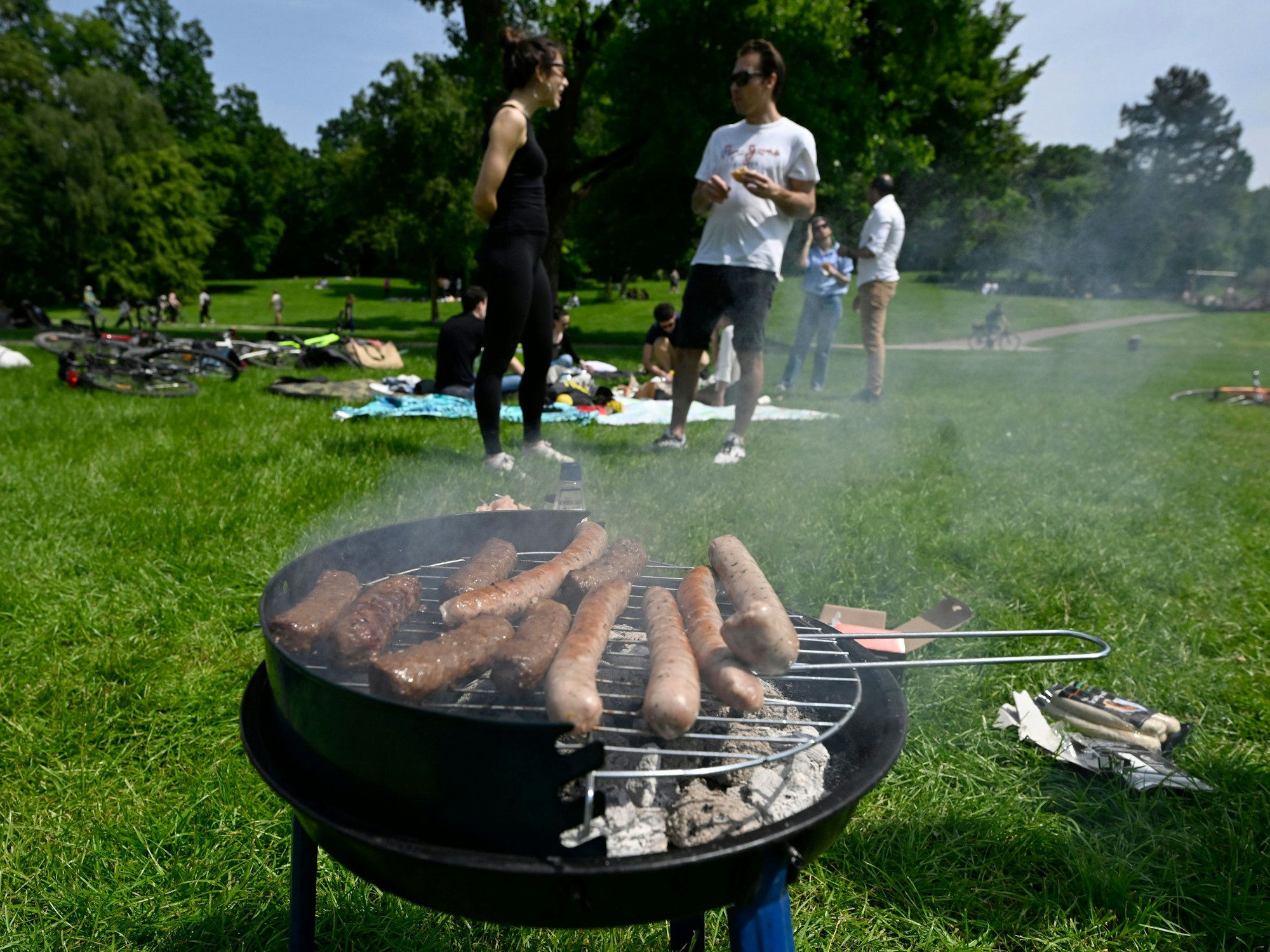 Parkbesucher haben sich bei angenehmen Temperaturen und Sonnenschein zum Angrillen auf einer Wiese am Aachener Weiher eingefunden (Archivbild).