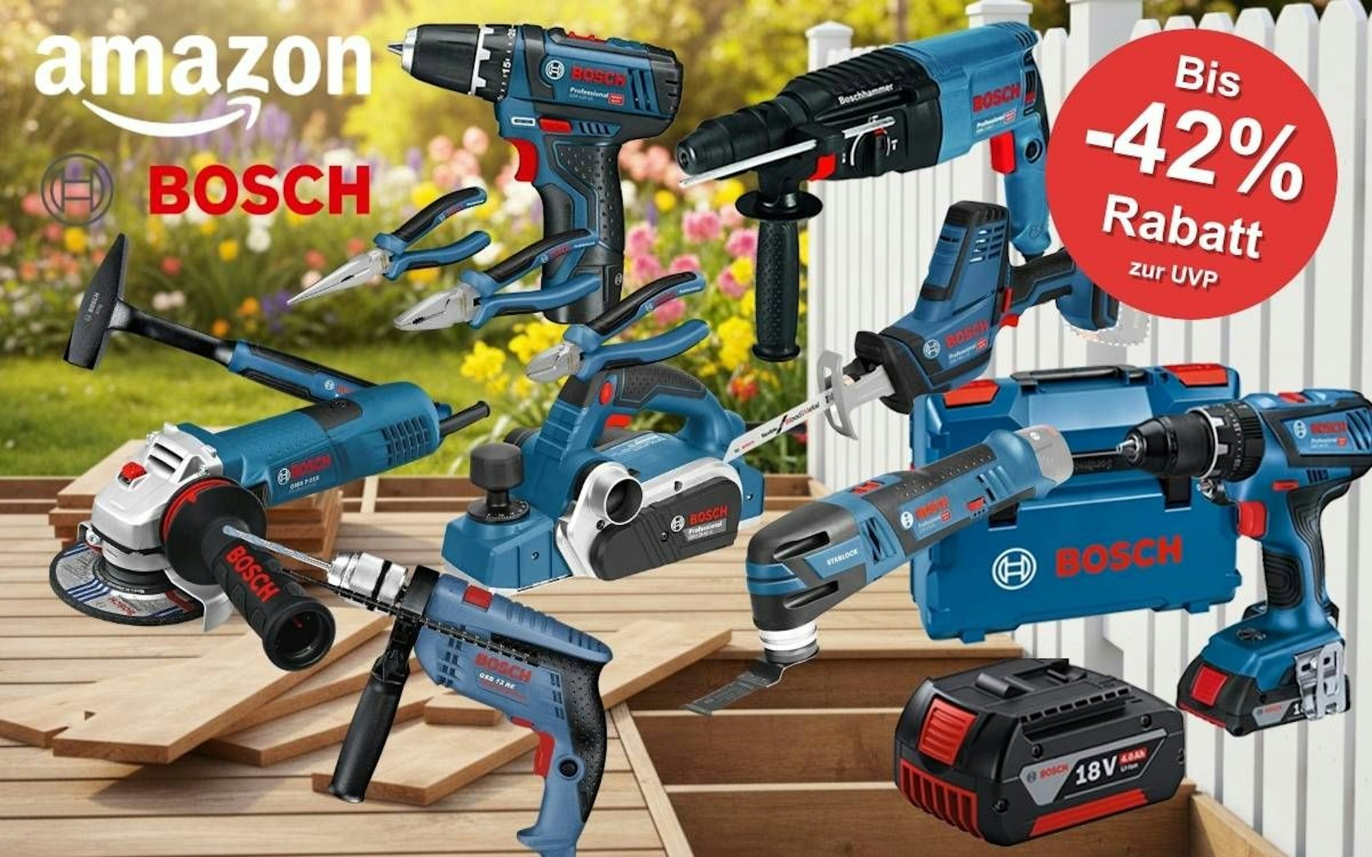 Collage verschiedener blauer Bosch Professional Werkzeuge (Akkubohrer, Bohrhammer, Winkelschleifer, Schlagbohrmaschine, Hobel, Säbelsäge, Multi-Tool, Zangen, Hammer sowie ein 18V Akku und ein Werkzeugkoffer) auf einem sommerlichen Holzterrassen-Hintergrund mit Blumen. Links oben das Amazon-Logo und der rote Bosch-Schriftzug. Rechts oben roter Button mit der Aufschrift „Bis -42 % Rabatt zur UVP".