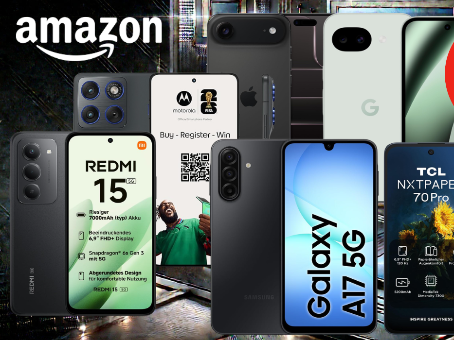 Auf der Collage sind viele Smartphones zu sehen, die sich aktuell bei Amazon im Sale befinden.
