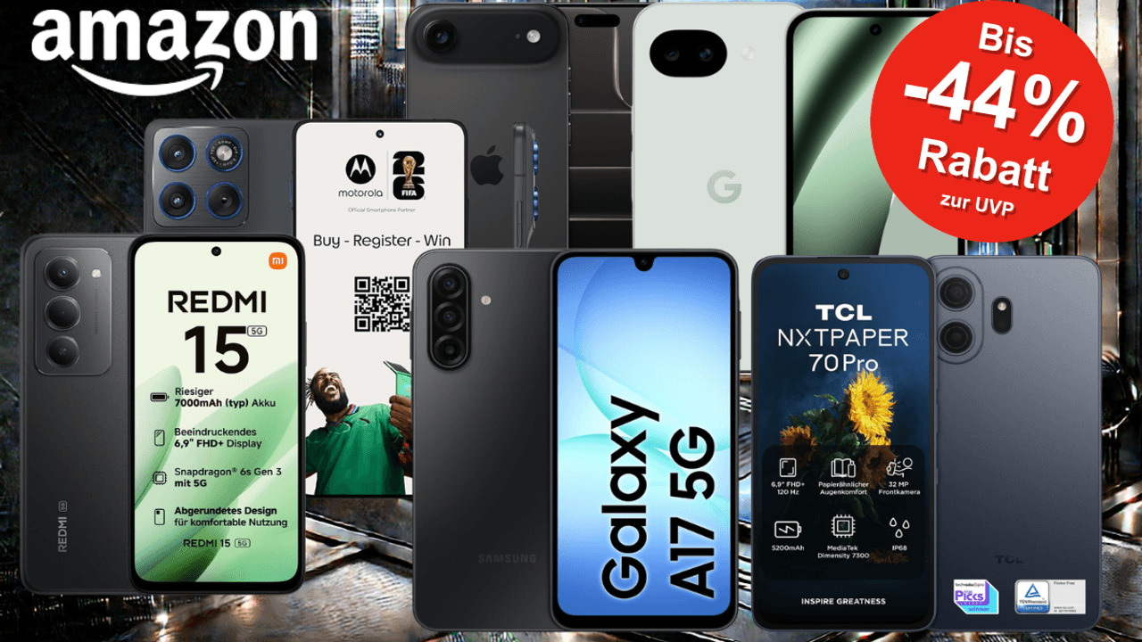 Auf der Collage sind viele Smartphones zu sehen, die sich aktuell bei Amazon im Sale befinden.