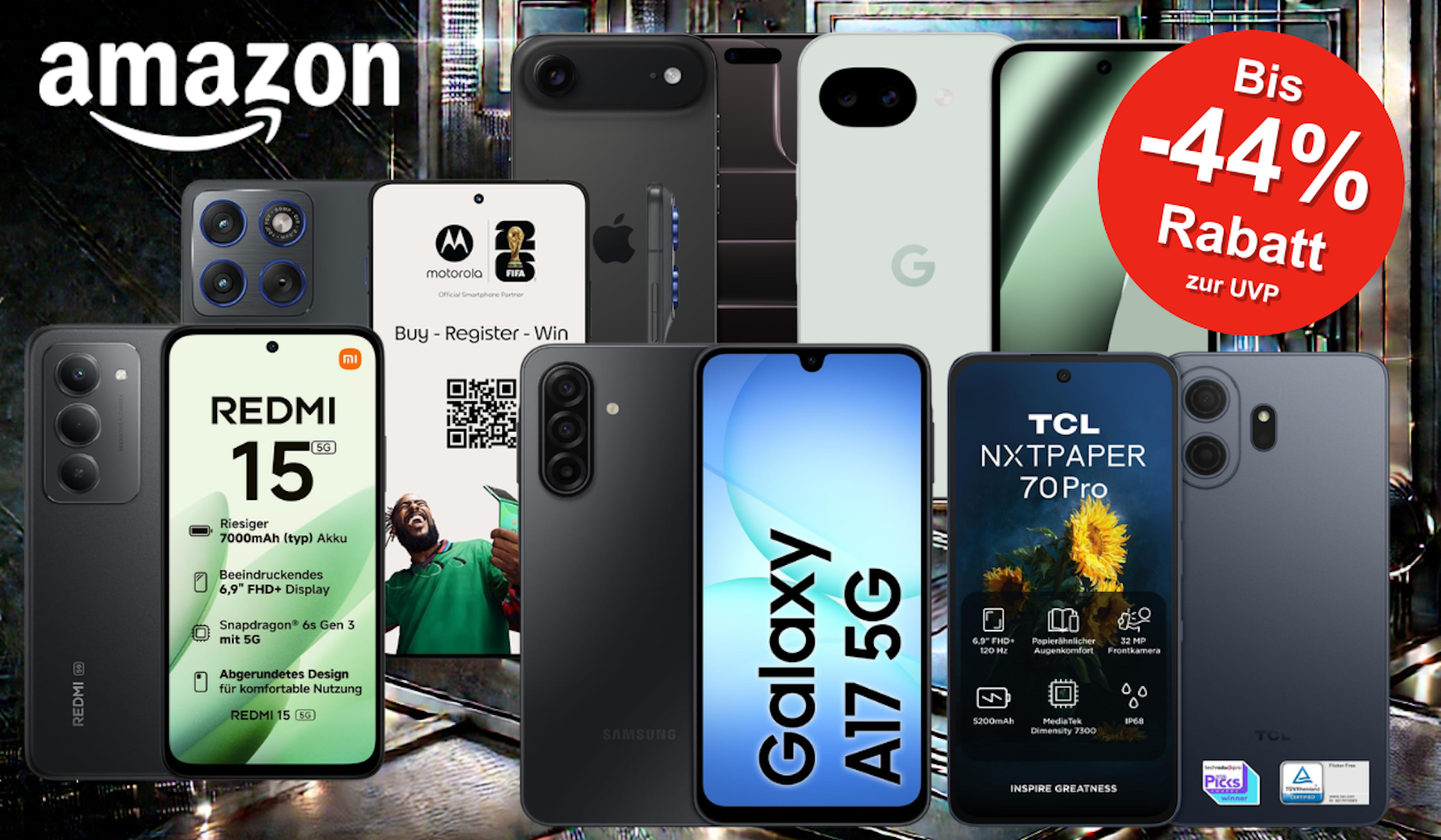 Auf der Collage sind viele Smartphones zu sehen, die sich aktuell bei Amazon im Sale befinden.