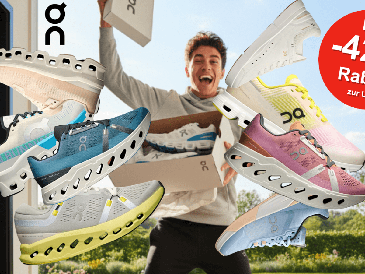 Auf dem KI generierten Hintergrundbild ist ein Mann zu sehen, der seinen Schuhkarton mit On Sneaker offen hat und den Deckel freudig in die Luft reißt. Auf dem Bild sind diverse On Running Sneaker zu sehen, die derzeit reduziert sind.