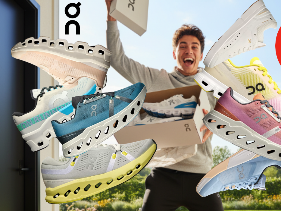 Auf dem KI generierten Hintergrundbild ist ein Mann zu sehen, der seinen Schuhkarton mit On Sneaker offen hat und den Deckel freudig in die Luft reißt. Auf dem Bild sind diverse On Running Sneaker zu sehen, die derzeit reduziert sind.