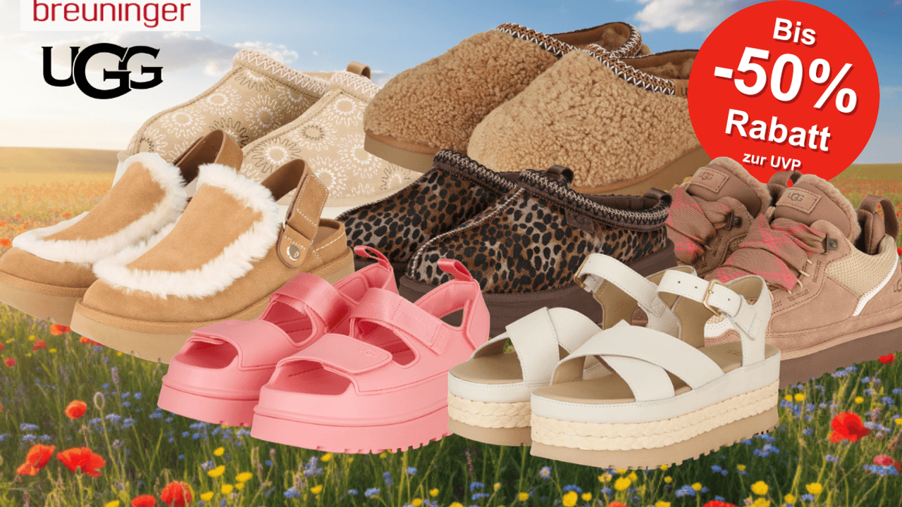 Auf dem Bild ist eine Collage mit UGG Schuhen , die im Breuninger Sale aktuell reduziert sind.