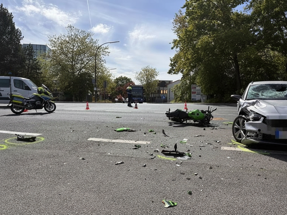 Das Foto zeigt eine Straßenszene nach einem Unfall. Man sieht ein stark beschädigtes Auto auf der rechten Seite und ein Motorrad, das auf der Straße liegt, umgeben von Trümmern.