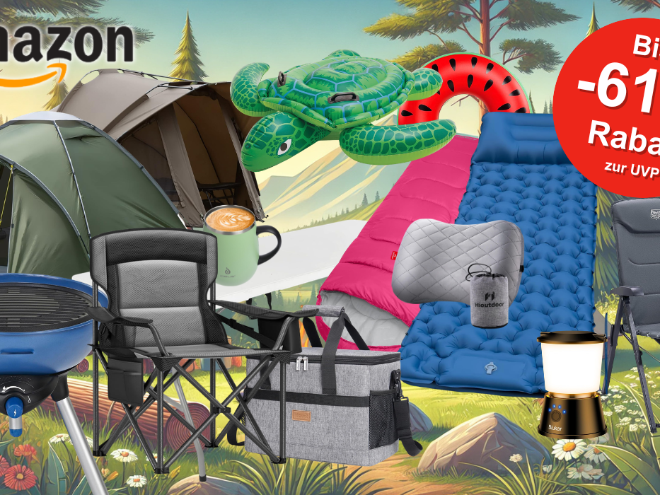 Auf dem Bild ist eine Collage aus diversen Camping Utensilien zu sehen, die zum nächsten Camping Urlaub einlädt.