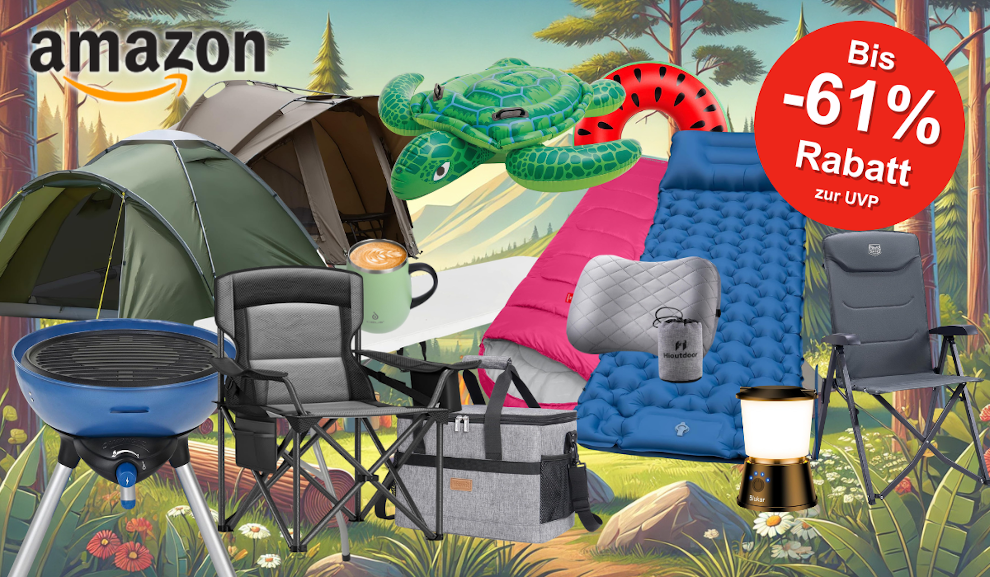 Auf dem Bild ist eine Collage aus diversen Camping Utensilien zu sehen, die zum nächsten Camping Urlaub einlädt.