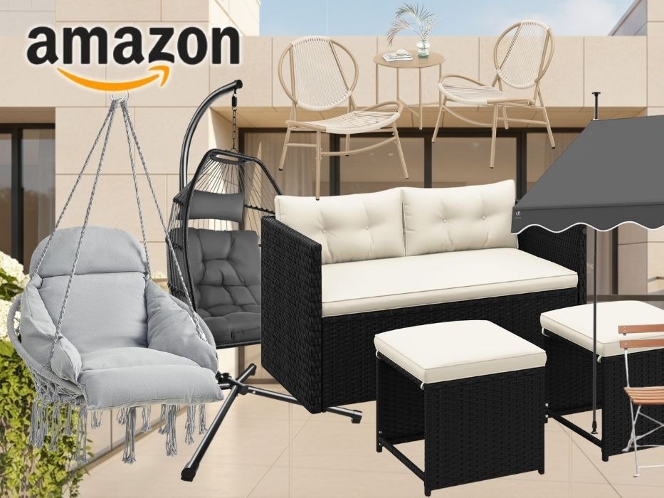 Collage verschiedener Balkonmöbel im Amazon Sale – darunter ein schwarzes Polyrattan-Lounge-Set mit cremefarbenen Kissen, ein grauer Hängesessel, ein beiges Bistro-Set mit zwei Stühlen und Tisch sowie ein Klapptisch mit Stuhl und Markise, mit rotem Sale-Button „Jetzt bis -37 % Rabatt zur UVP" und Amazon-Logo.