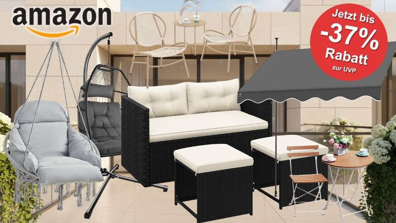Collage verschiedener Balkonmöbel im Amazon Sale – darunter ein schwarzes Polyrattan-Lounge-Set mit cremefarbenen Kissen, ein grauer Hängesessel, ein beiges Bistro-Set mit zwei Stühlen und Tisch sowie ein Klapptisch mit Stuhl und Markise, mit rotem Sale-Button „Jetzt bis -37 % Rabatt zur UVP" und Amazon-Logo.