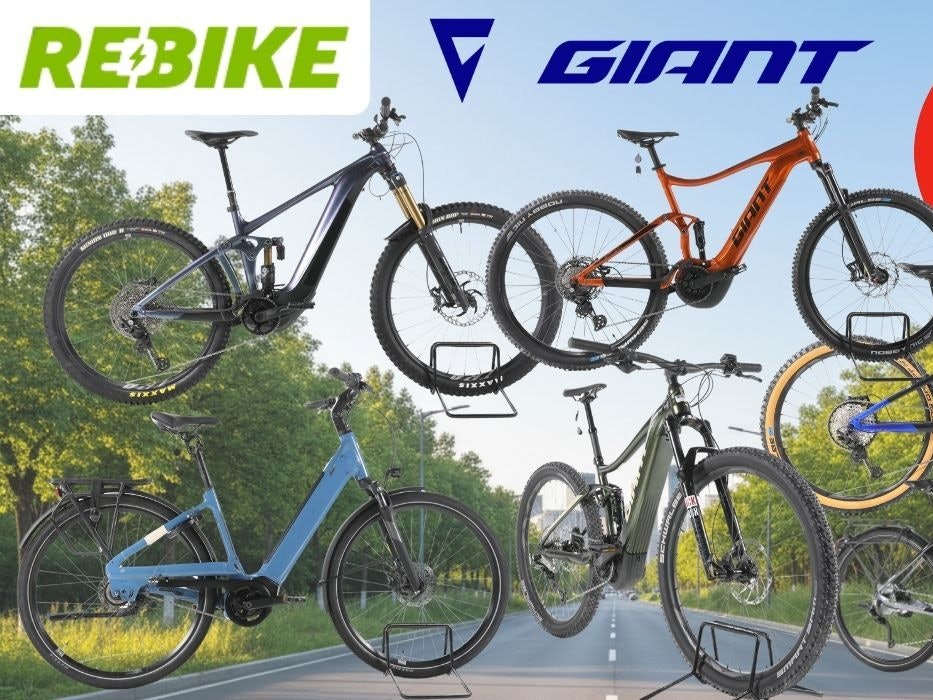 Collage aus mehreren refurbished Giant E-Bikes verschiedener Kategorien – darunter E-MTBs, City- und Trekking-E-Bikes – vor einem sommerlichen Stadtrand-Hintergrund mit Radweg und Bäumen. Logos von Rebike und Giant sowie ein roter Button mit der Aufschrift „Bis -61% Rabatt zur UVP" sind zu sehen.