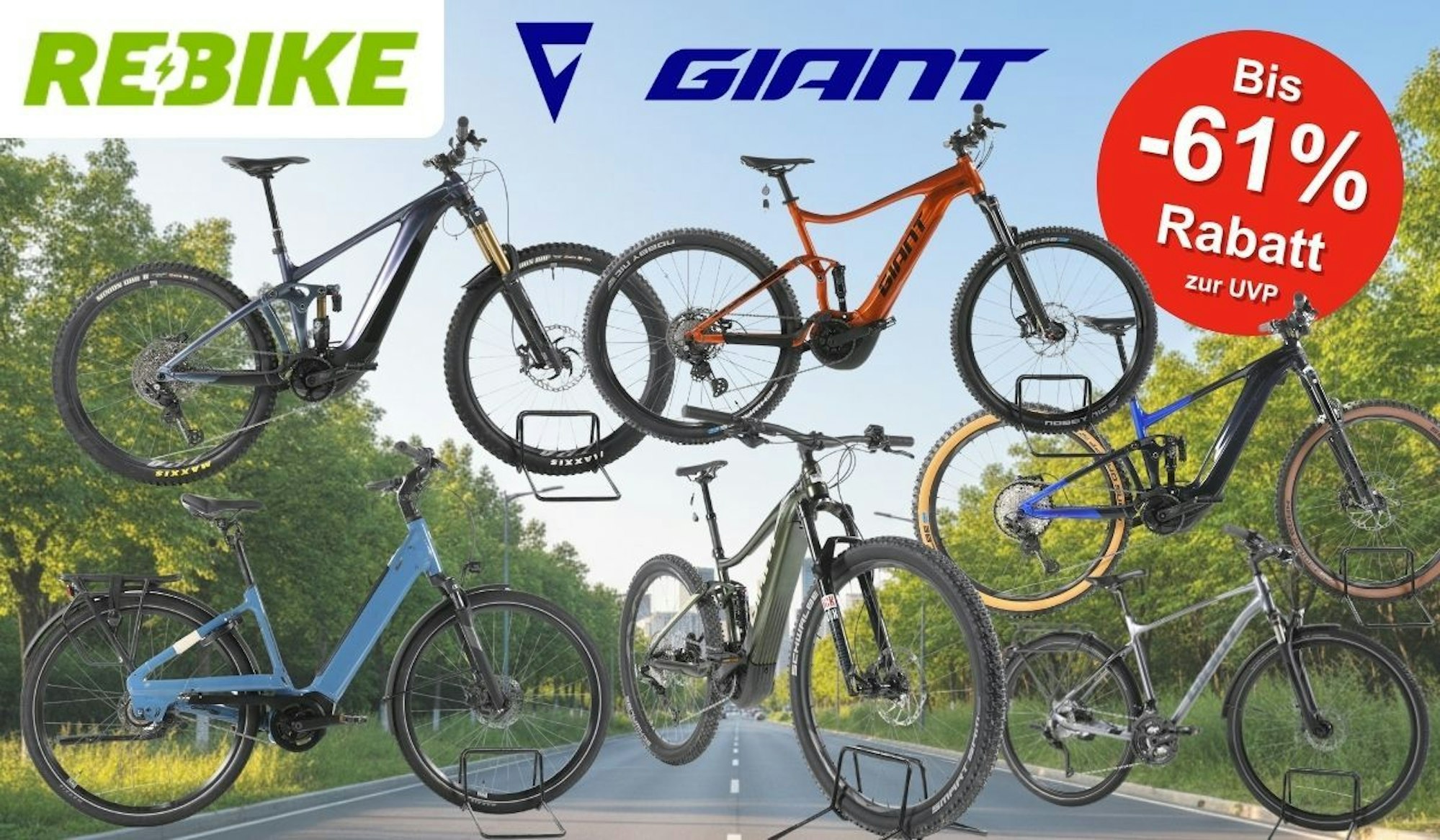 Collage aus mehreren refurbished Giant E-Bikes verschiedener Kategorien – darunter E-MTBs, City- und Trekking-E-Bikes – vor einem sommerlichen Stadtrand-Hintergrund mit Radweg und Bäumen. Logos von Rebike und Giant sowie ein roter Button mit der Aufschrift „Bis -61% Rabatt zur UVP" sind zu sehen.