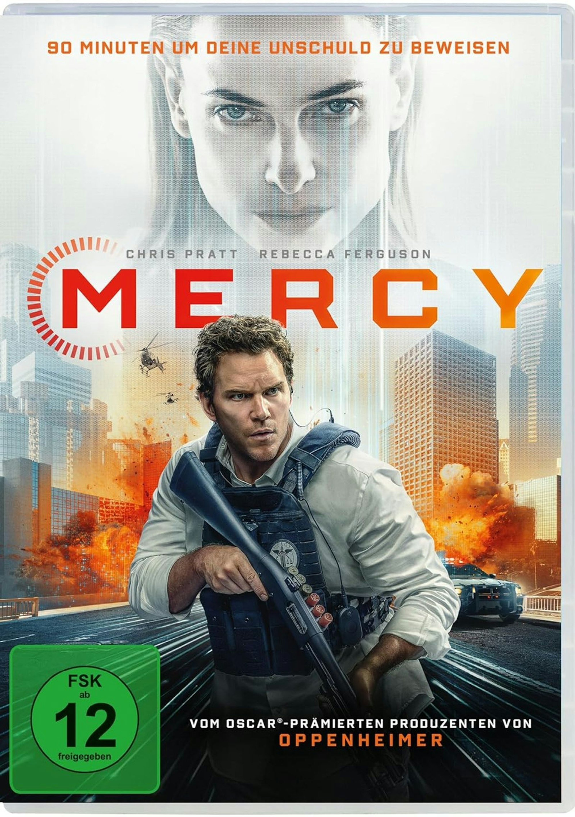 Eiskalt und unbestechlich: Ein KI-Avatar, verkörpert von Rebecca Ferguson, repräsentiert das Justizsystem. (Bild: 2025 Amazon Content Services LLC. /Sony Pictures)