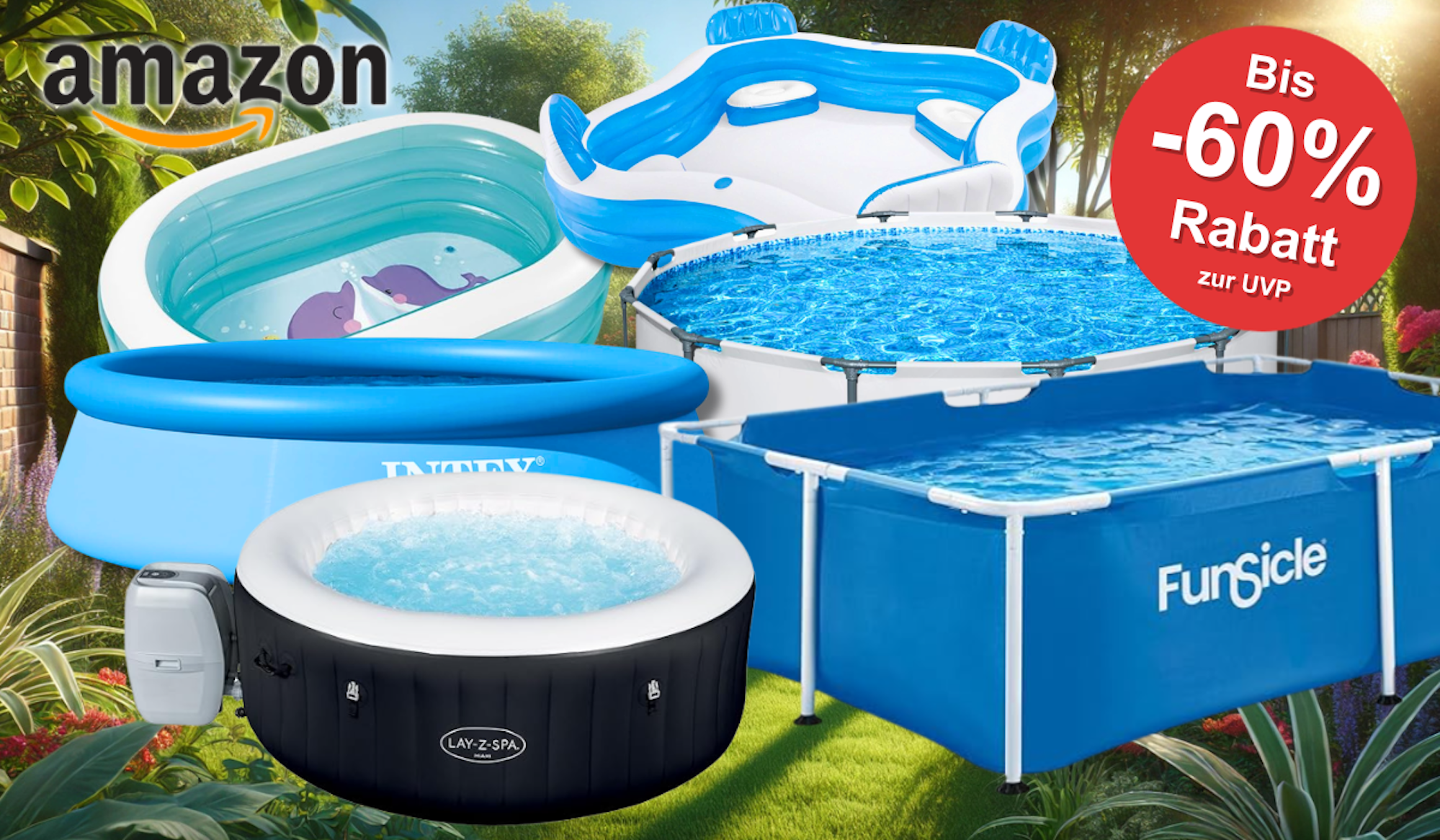 Auf dem Bild sind unterschiedliche Pool Arten aufgelistet, die sich bei Amazon aktuell im Sale befinden.